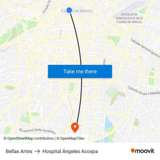 Bellas Artes to Hospital Ángeles Acoxpa map