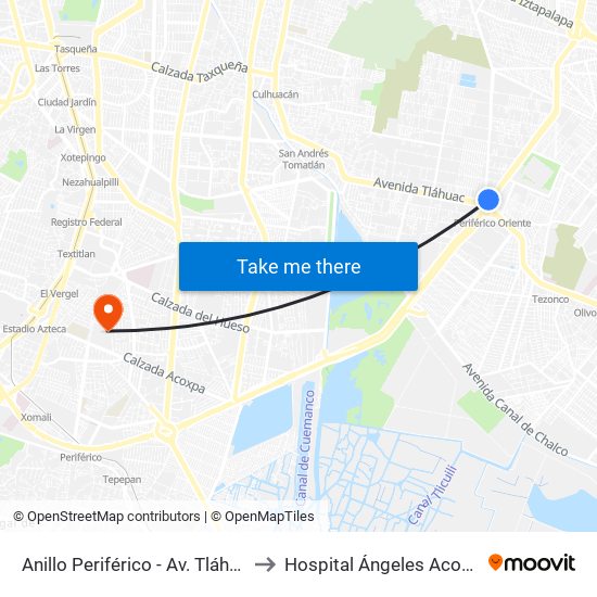 Anillo Periférico - Av. Tláhuac to Hospital Ángeles Acoxpa map