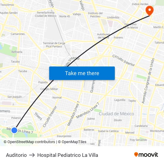 Auditorio to Hospital Pediatrico La Villa map