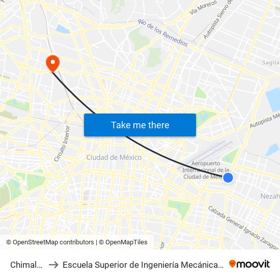 Chimalhuacan to Escuela Superior de Ingeniería Mecánica Y Eléctrica Azcapotzalco map