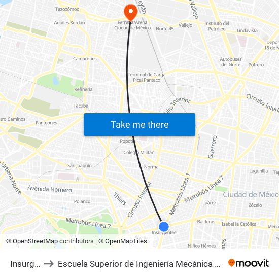 Insurgentes to Escuela Superior de Ingeniería Mecánica Y Eléctrica Azcapotzalco map