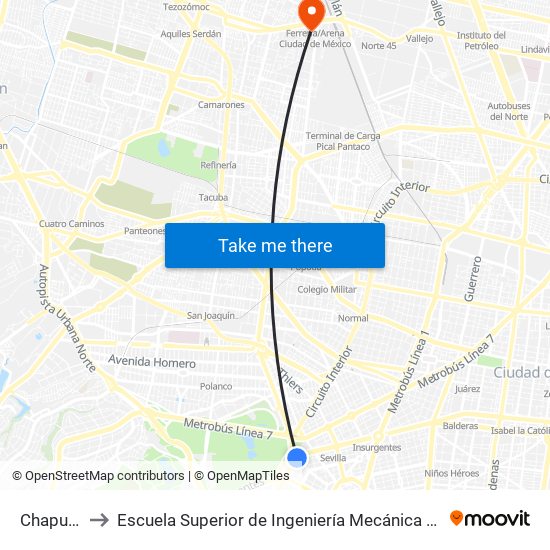 Chapultepec to Escuela Superior de Ingeniería Mecánica Y Eléctrica Azcapotzalco map