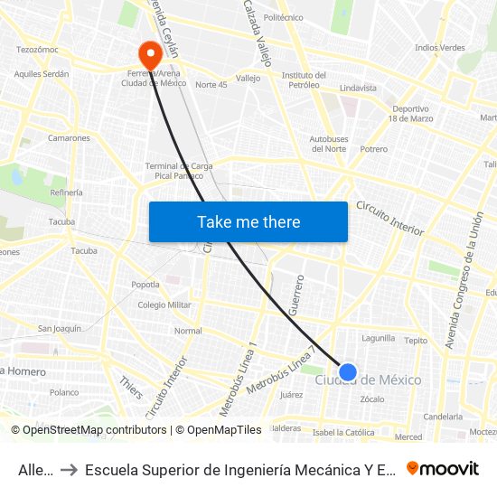 Allende to Escuela Superior de Ingeniería Mecánica Y Eléctrica Azcapotzalco map