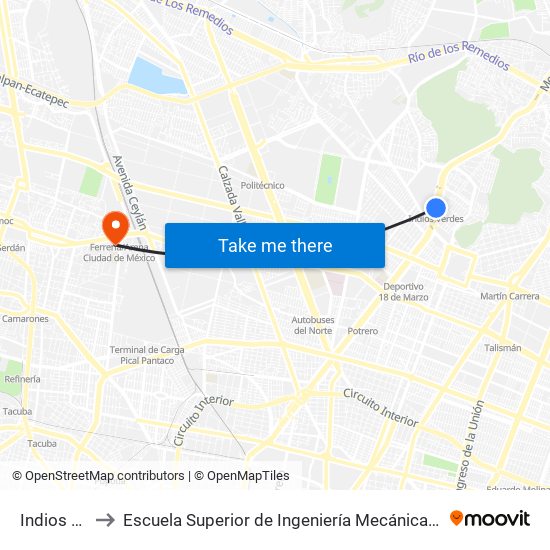 Indios Verdes to Escuela Superior de Ingeniería Mecánica Y Eléctrica Azcapotzalco map