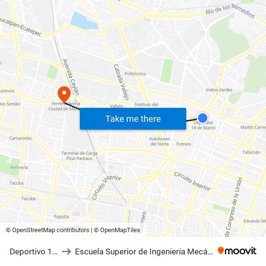 Deportivo 18 de Marzo to Escuela Superior de Ingeniería Mecánica Y Eléctrica Azcapotzalco map