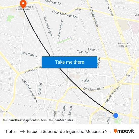 Tlatelolco to Escuela Superior de Ingeniería Mecánica Y Eléctrica Azcapotzalco map