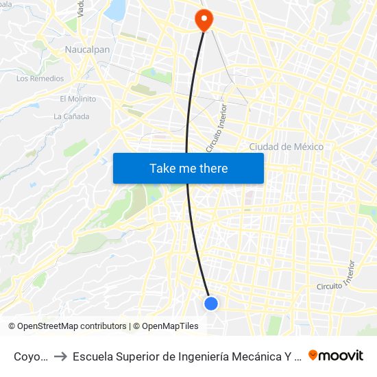 Coyoacán to Escuela Superior de Ingeniería Mecánica Y Eléctrica Azcapotzalco map