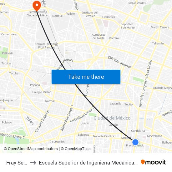 Fray Servando to Escuela Superior de Ingeniería Mecánica Y Eléctrica Azcapotzalco map