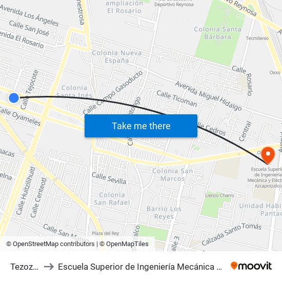 Tezozómoc to Escuela Superior de Ingeniería Mecánica Y Eléctrica Azcapotzalco map