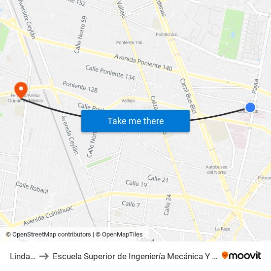 Lindavista to Escuela Superior de Ingeniería Mecánica Y Eléctrica Azcapotzalco map