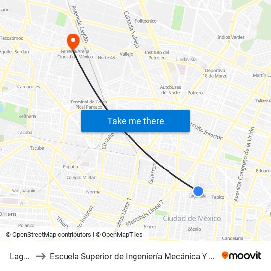 Lagunilla to Escuela Superior de Ingeniería Mecánica Y Eléctrica Azcapotzalco map