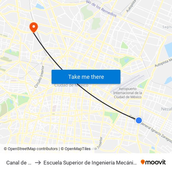 Canal de San Juan to Escuela Superior de Ingeniería Mecánica Y Eléctrica Azcapotzalco map