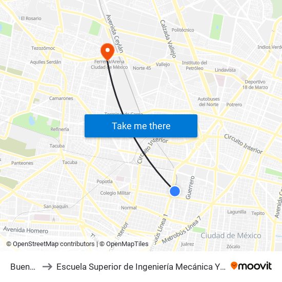 Buenavista to Escuela Superior de Ingeniería Mecánica Y Eléctrica Azcapotzalco map