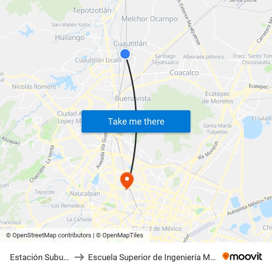 Estación Suburbano Cuautitlán to Escuela Superior de Ingeniería Mecánica Y Eléctrica Azcapotzalco map
