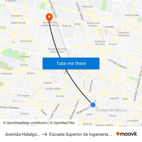 Avenida Hidalgo 79 - Metro Hidalgo to Escuela Superior de Ingeniería Mecánica Y Eléctrica Azcapotzalco map