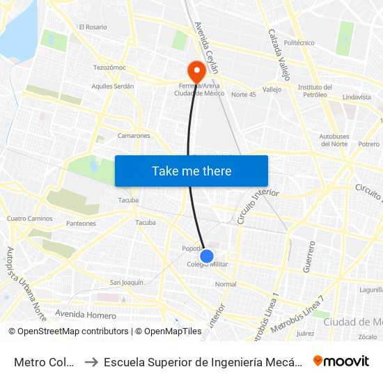 Metro Colegio Militar to Escuela Superior de Ingeniería Mecánica Y Eléctrica Azcapotzalco map