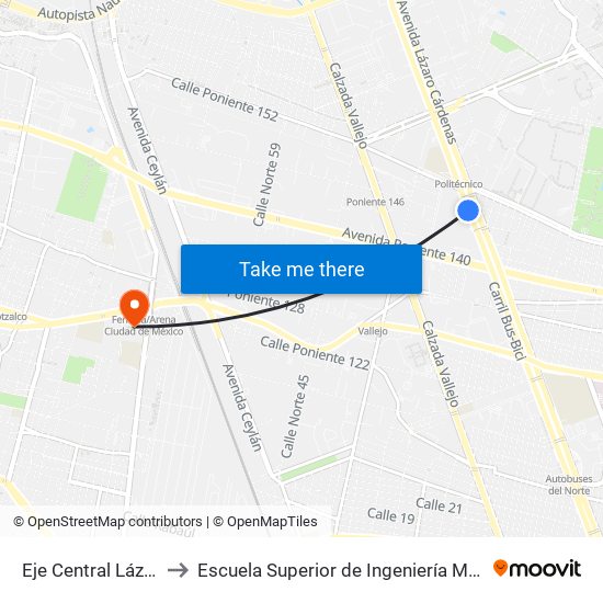 Eje Central Lázaro Cárdenas 22 to Escuela Superior de Ingeniería Mecánica Y Eléctrica Azcapotzalco map