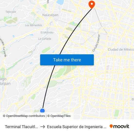Terminal Tlacuitlapa - Puerta Grande to Escuela Superior de Ingeniería Mecánica Y Eléctrica Azcapotzalco map