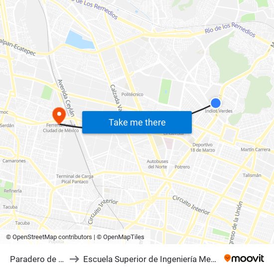 Paradero de Indios Verdes to Escuela Superior de Ingeniería Mecánica Y Eléctrica Azcapotzalco map