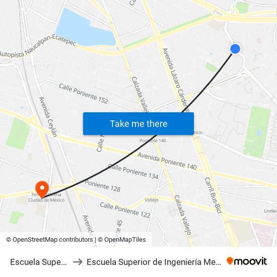 Escuela Superior de Turismo to Escuela Superior de Ingeniería Mecánica Y Eléctrica Azcapotzalco map