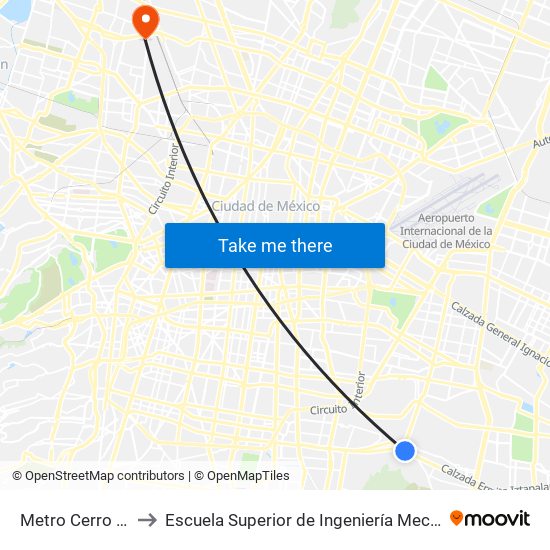 Metro Cerro de La Estrella to Escuela Superior de Ingeniería Mecánica Y Eléctrica Azcapotzalco map