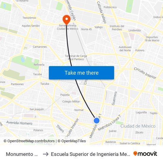 Monumento A La Revolución to Escuela Superior de Ingeniería Mecánica Y Eléctrica Azcapotzalco map