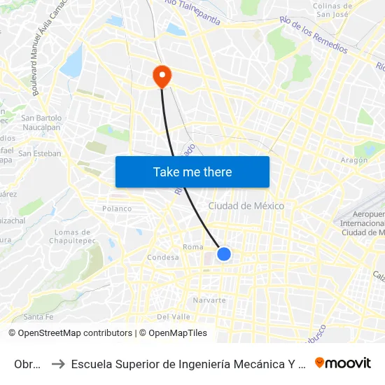 Obrera_1 to Escuela Superior de Ingeniería Mecánica Y Eléctrica Azcapotzalco map