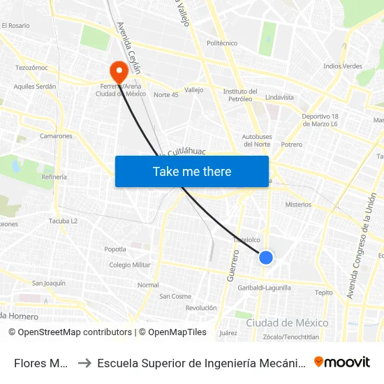 Flores Magón_1_2 to Escuela Superior de Ingeniería Mecánica Y Eléctrica Azcapotzalco map