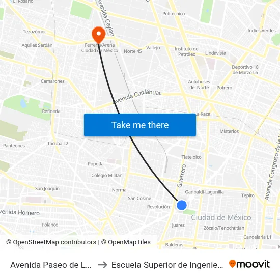 Avenida Paseo de La Reforma - Metro Hidalgo_1 to Escuela Superior de Ingeniería Mecánica Y Eléctrica Azcapotzalco map