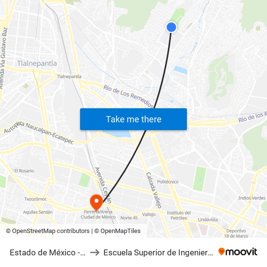 Estado de México - Deportivo Carmen Serdán to Escuela Superior de Ingeniería Mecánica Y Eléctrica Azcapotzalco map