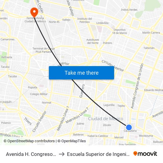 Avenida H. Congreso de La Unión - Metro Candelaria to Escuela Superior de Ingeniería Mecánica Y Eléctrica Azcapotzalco map