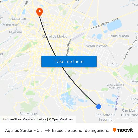 Aquiles Serdán - Calz. Tláhuac/Tulyehualco to Escuela Superior de Ingeniería Mecánica Y Eléctrica Azcapotzalco map