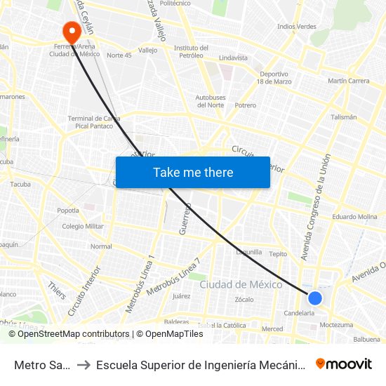 Metro San Lázaro to Escuela Superior de Ingeniería Mecánica Y Eléctrica Azcapotzalco map