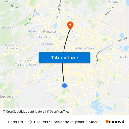Ciudad Universitaria to Escuela Superior de Ingeniería Mecánica Y Eléctrica Azcapotzalco map
