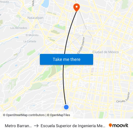 Metro Barranca del Muerto to Escuela Superior de Ingeniería Mecánica Y Eléctrica Azcapotzalco map