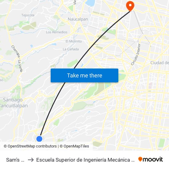 Sam's Club 2 to Escuela Superior de Ingeniería Mecánica Y Eléctrica Azcapotzalco map