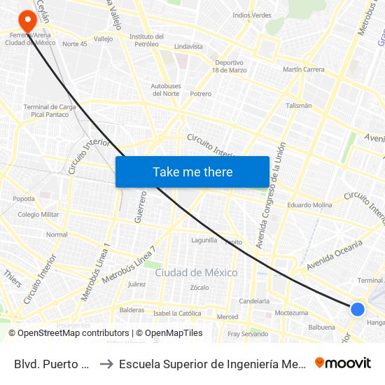 Blvd. Puerto Aéreo - Nte. 13 to Escuela Superior de Ingeniería Mecánica Y Eléctrica Azcapotzalco map