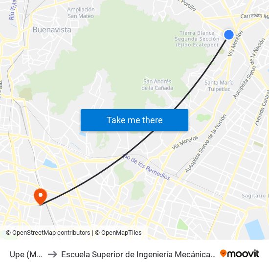 Upe (Mexibús) to Escuela Superior de Ingeniería Mecánica Y Eléctrica Azcapotzalco map