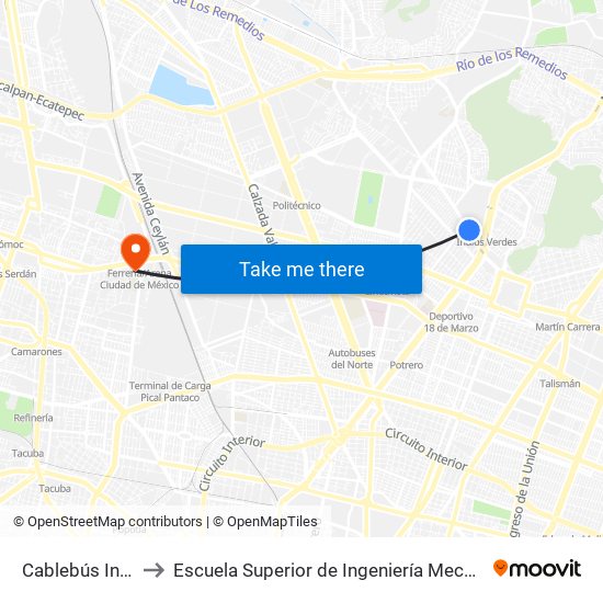 Cablebús Indios Verdes to Escuela Superior de Ingeniería Mecánica Y Eléctrica Azcapotzalco map
