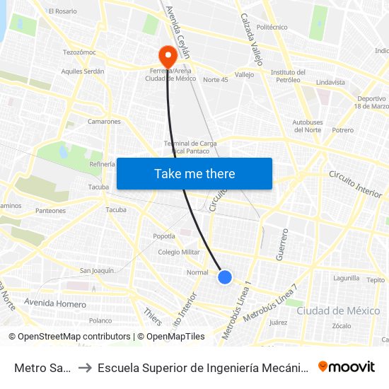 Metro San Cosme to Escuela Superior de Ingeniería Mecánica Y Eléctrica Azcapotzalco map