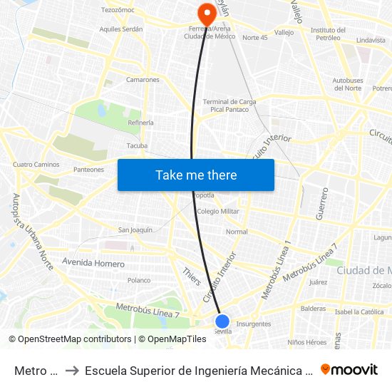 Metro Sevilla to Escuela Superior de Ingeniería Mecánica Y Eléctrica Azcapotzalco map