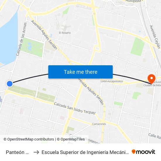 Panteón San Isidro to Escuela Superior de Ingeniería Mecánica Y Eléctrica Azcapotzalco map