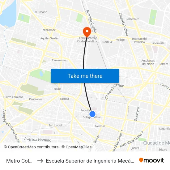 Metro Colegio Militar to Escuela Superior de Ingeniería Mecánica Y Eléctrica Azcapotzalco map