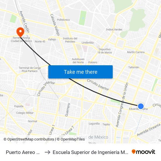 Puerto Aereo X Circuito Interior to Escuela Superior de Ingeniería Mecánica Y Eléctrica Azcapotzalco map