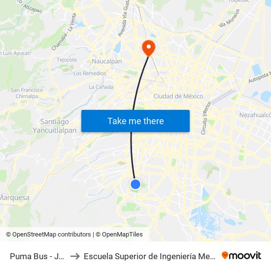 Puma Bus - Jardín Botánico to Escuela Superior de Ingeniería Mecánica Y Eléctrica Azcapotzalco map