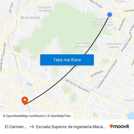 El Cármen (Mexibús) to Escuela Superior de Ingeniería Mecánica Y Eléctrica Azcapotzalco map