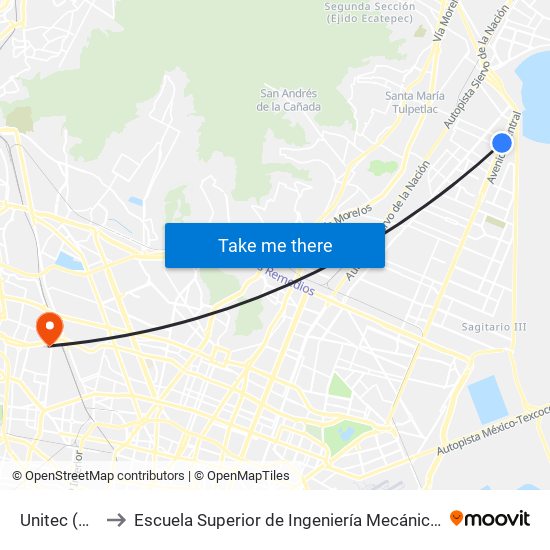 Unitec (Mexibus) to Escuela Superior de Ingeniería Mecánica Y Eléctrica Azcapotzalco map