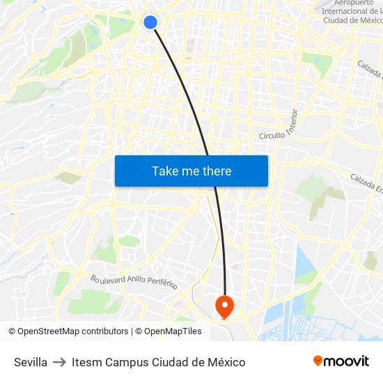 Sevilla to Itesm Campus Ciudad de México map