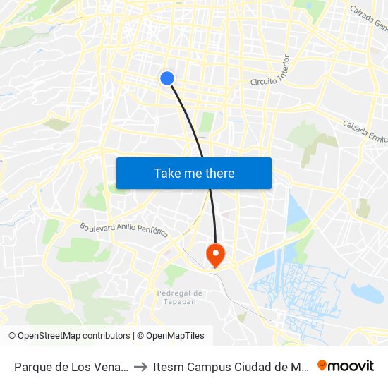 Parque de Los Venados to Itesm Campus Ciudad de México map