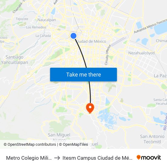 Metro Colegio Militar to Itesm Campus Ciudad de México map